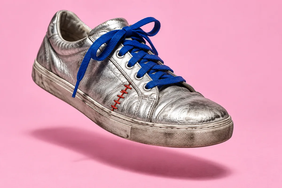 A worn silver sneaker with cobalt laces and a red stitched repair floats against pink.
